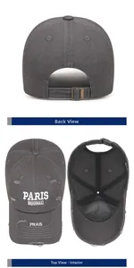 Detailed view of dark grey baseball cap with embroidery, worn-out holes and metal buckle