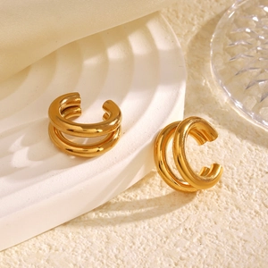 Minimalist double layer golden stainless steel ear cuffs with modern geometric line design