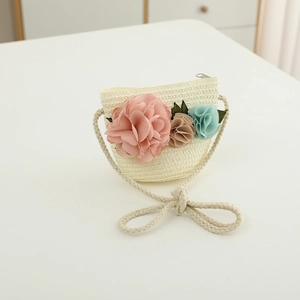 Detailed view of kids woven straw bag with colorful floral decor and cotton rope strap