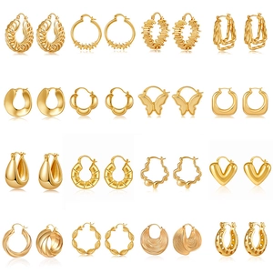 18K Gold Plated Copper Hoop Earrings For Women Irregular Geometric Vintage High Texture Fashion Western Style Accessory