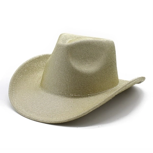 Close-up of golden glitter western cowboy hat with wide brim and fine stitching details