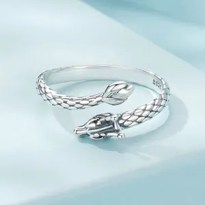 Vintage S925 sterling silver dragon wrap open ring with detailed 3D scale relief