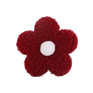Detailed texture of 8cm plush teddy fleece flower in burgundy and white with spring base