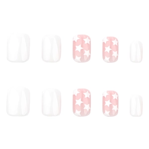 Minimalist short square press-on nails in solid white with star patterns on pink base