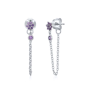 Detailed macro view of S925 silver chain earrings with purple flower zircon and stamp