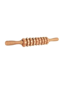 Detailed view of natural wood massage roller with 9 rotating gears and non-slip handles