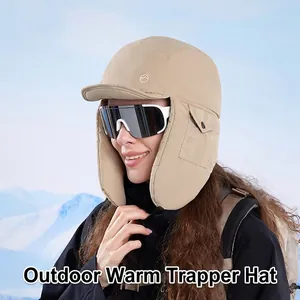 Winter Trapper Hat Padded Windproof Waterproof Outdoor Skiing Cap With Earflaps And Side Pocket For Men Women