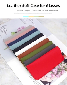 Close-up of colorful PU leather sunglass pouches arranged in a fan on a magazine