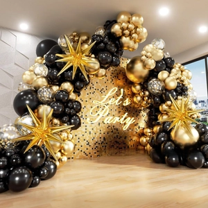 Luxurious black and gold balloon arch kit with star foil balloons for party decoration
