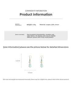 Detail showing dimensions of green jade gourd earrings with gold hooks and zircons