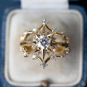Sunburst Star Ring Copper Gold Color Round Zircon Inlay Multi Layer Retro Geometric Jewelry For Women
