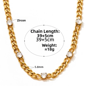 Detail of 5.8mm golden Cuban link necklace with white zircons, 39+5cm length