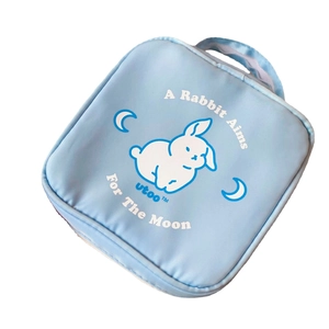 Light blue rabbit and moon cosmetics pouch with top handle and cute cartoon design