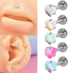 Piercing Lèvre Labret Coeur Acier Inoxydable Filetage Interne Pierre Irisée Bijoux Corps Mode Unisexe
