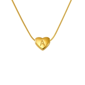 Minimalist gold heart necklace with letter A engraving and sleek snake chain