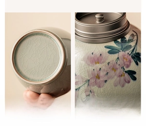 Detail of crackle glaze texture and hand-painted floral patterns on a ceramic tea canister