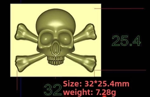 Detailed dimensions of the skull and crossbones brooch measuring 32x25.4mm and 7.28g