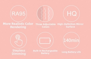 Detail view of LED makeup mirror features showing RA95 high CRI and dimmable lighting tech