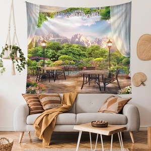 Detailansicht Wandteppich mit europäischer Parklandschaft, Schneebergen und gemütlicher Terrasse