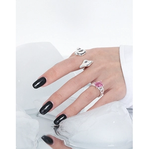 Minimalist S925 silver ring set with pink square gemstone and fluid abstract design