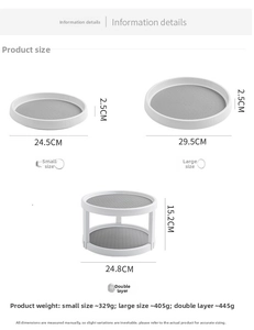 Size chart for single and 2-tier rotating Lazy Susan storage trays with dimensions