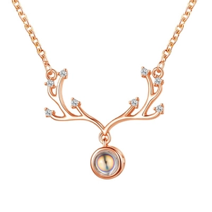 Rose gold antler necklace with 100 languages I Love You projection stone
