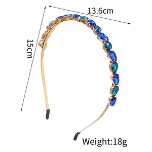 Detail of golden headband featuring teal gemstones with 13.6cm width and 15cm height