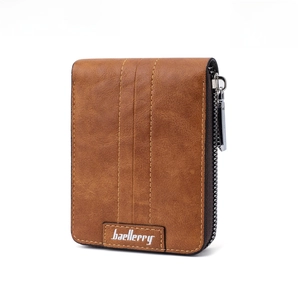 Brown men's RFID blocking short wallet with premium texture and secure zipper closure
