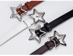 Detail of four thin leather belts featuring silver hollow star buckles in various colors
