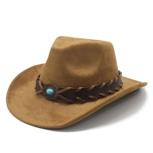 Brown faux suede wide brim western cowboy hat with turquoise bead and leather band