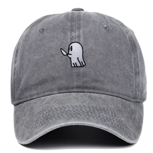 Faded grey washed cotton baseball cap with ghost embroidery and vintage finish
