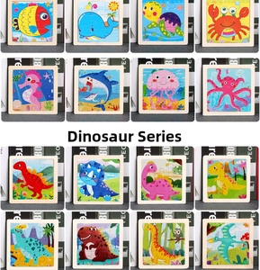 Macro shot of 16 varieties of wooden animal puzzles featuring ocean life and dinosaur designs