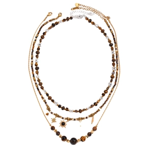 Retro multi-layer gold and silver sun necklace with tiger eye beads and star charms