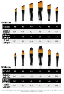 Tableau des tailles indiquant la largeur et la longueur de 6 pinceaux en nylon