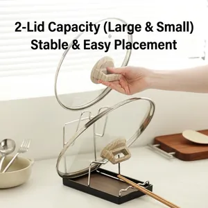 Pot Lid Holder For Kitchen Countertop Stainless Steel Organizer With Drip Tray Walnut Wood Grain Style Spatula Spoon Rack
