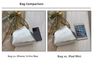 Size comparison of silver shell bag with iPad mini and iPhone 14 Pro Max
