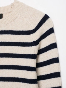 Detail of round neck and striped knit texture on premium wool-like women sweater