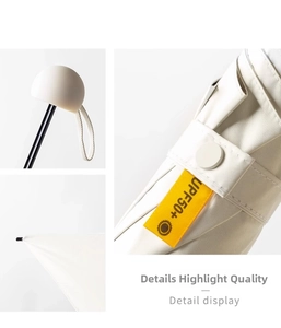 Detailed view of cream capsule umbrella with UPF50+ logo, hanging strap and stitching