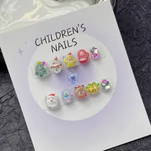 Handmade 3D Christmas press-on nails set featuring Santa Claus and reindeer for kids