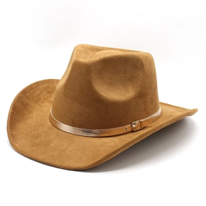 Classic tan suede western cowboy hat with a wide brim and champagne gold buckle strap