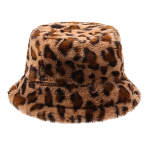 Winter faux fur leopard print bucket hat with plush texture in warm brown tones