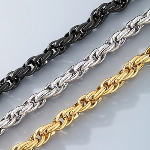 Macro view of woven stainless steel chain links in black, silver, and gold finishes