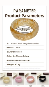 Detailed spec chart of wide resin bracelets showing 66.8cm inner diameter and 67.2g weight