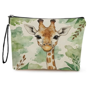 Portable giraffe print zipper makeup bag with ivory linen texture and wrist strap