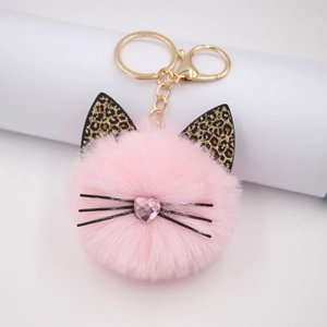 Pink plush cat head keychain with leopard sequins and golden lobster clasp