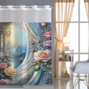 Waterproof shower curtain with 3D digital rose print, sapphire accents and metal eyelets