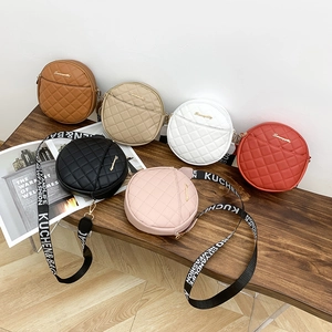 Women Round Crossbody Bag PU Leather Quilted Diamond Pattern Letter Wide Strap Casual Shoulder Bag Zipper Purse