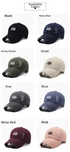 Collage of distressed denim baseball caps with embroidery in eight various vintage colors