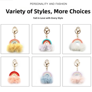 Detail view of colorful rainbow pom-pom keychains with gold metal lobster clasps