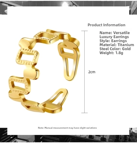 Detail showing 2cm geometric link earring in 18k gold plated stainless steel